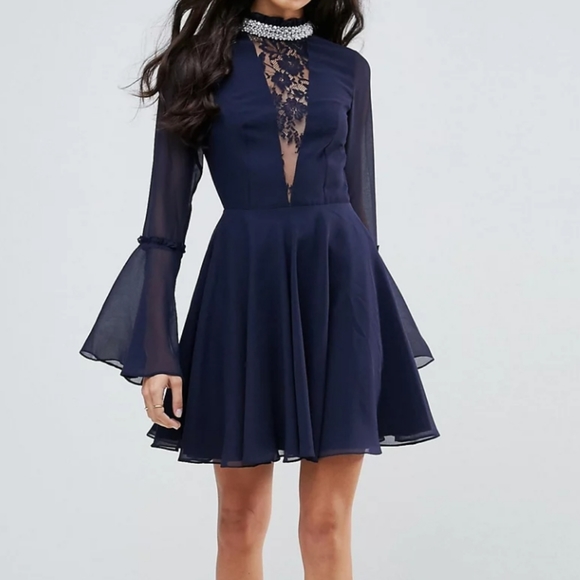 ASOS Tall Embellished Frill Neck Fluted Sleeve Mini Dress - Picture 10 of 15
